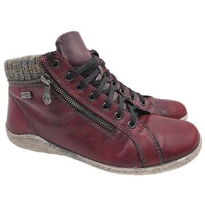 Remonte Rieker Tex Leather Ankle Boots Burgundy Red  Lace Up Zip Women 9 EU 40